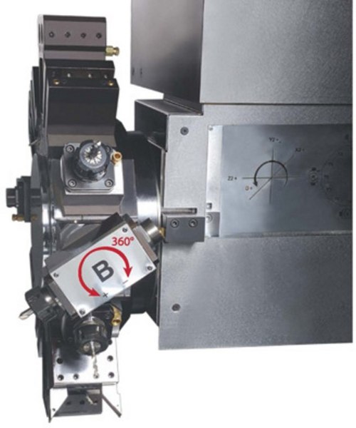 На револьверной голове пруткового автомата с ЧПУ можно установить автоматический поворотный блок (ось B).